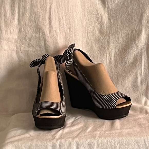 Rocketdog Black/White Stripe Black Denim Wedge Sandals - Picture 7 of 9